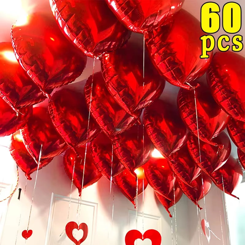 60-5PCS Red Heart Foil Balloons Inflatable Helium Balloon DIY Birthday Party Ornaments for Valentine'S Day Wedding Party Gifts